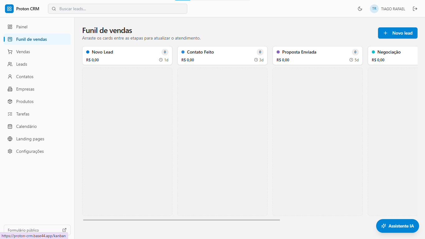 Quadro kanban do funil de vendas com etapas personalizáveis
